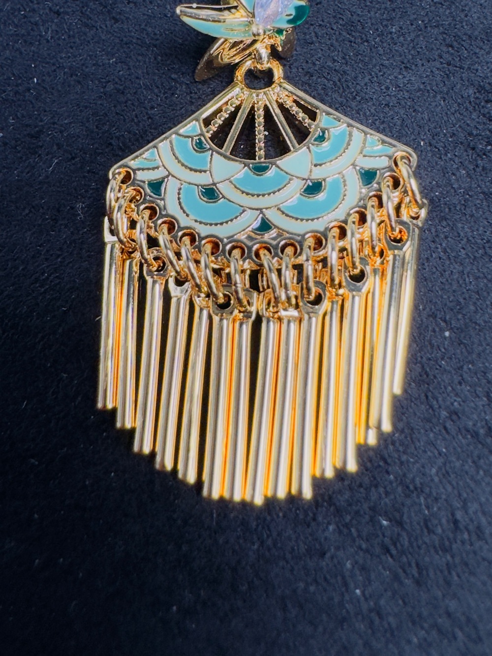 Gold and Mint Fan Tassel Drop Earrings - Women's Jewelry - Picture 7 of 8
